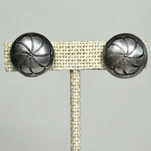 Navajo Vintage Native Signed Sterling Silver 925 Concho Earrings Screwback UITA3 - Picture 1 of 9